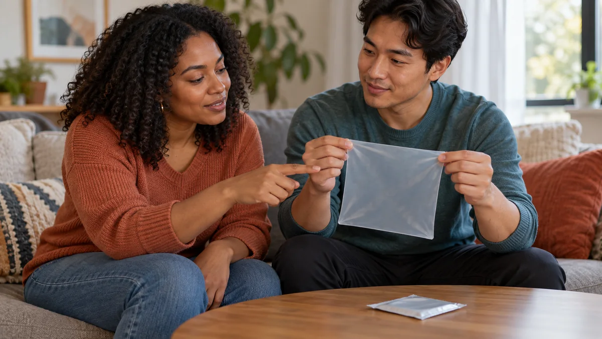 Two fully clothed adults discussing a translucent square barrier at a table before intimate activity