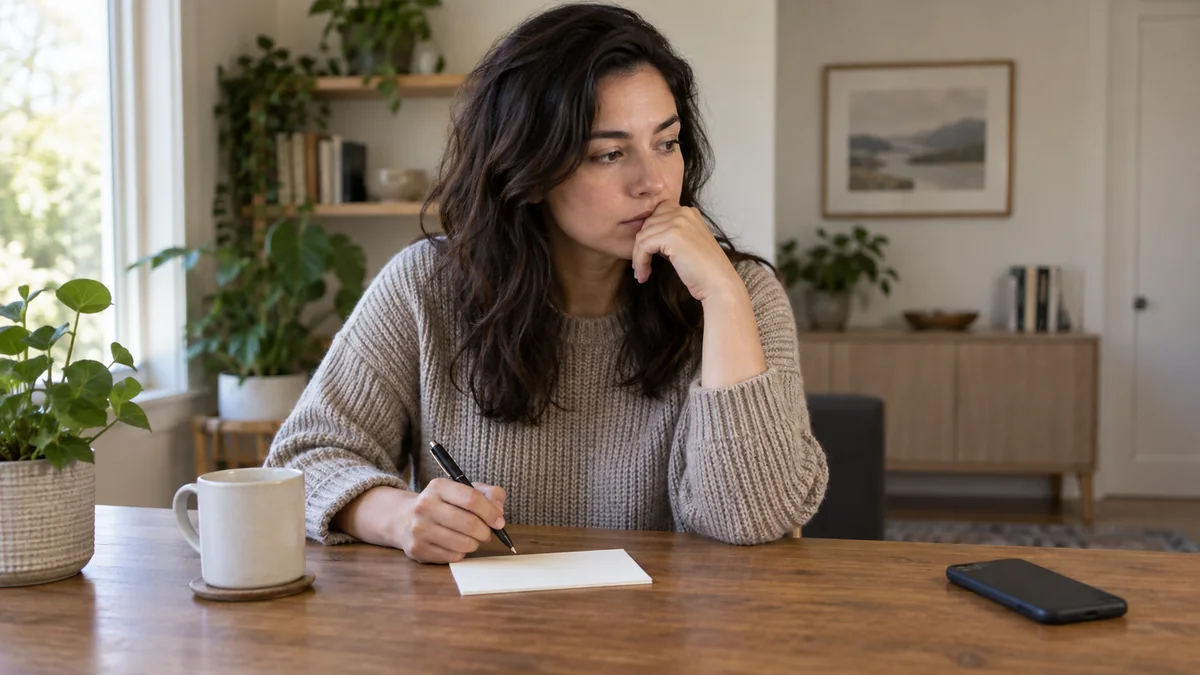 Fully clothed adult reflecting at a table with a blank note and a phone placed face down
