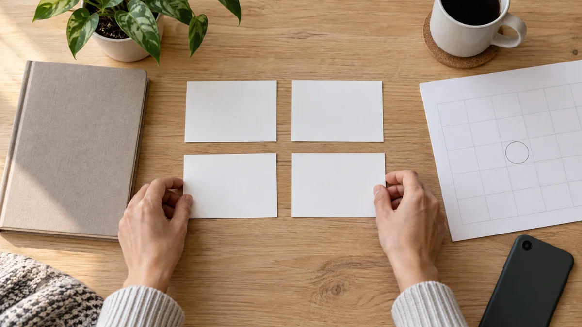 Adult hands organizing blank action cards beside a closed phone and an appointment calendar