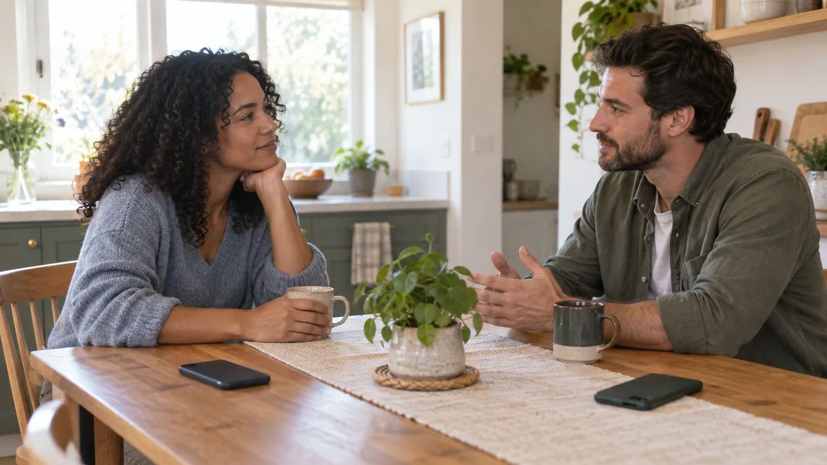 Two fully clothed adults discussing phone privacy with both devices resting on a table