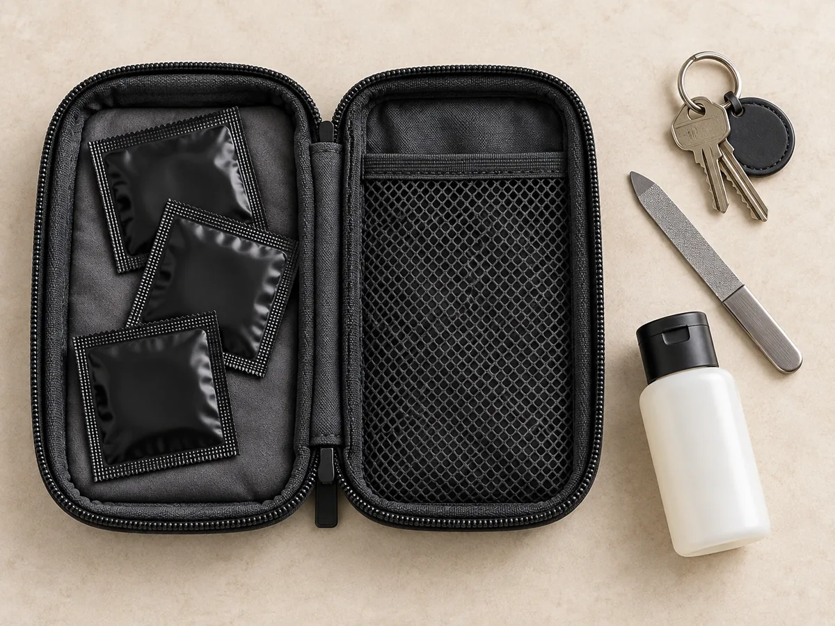 Sealed black packets in a protective pouch separated from keys, a nail file, and a closed toiletry bottle
