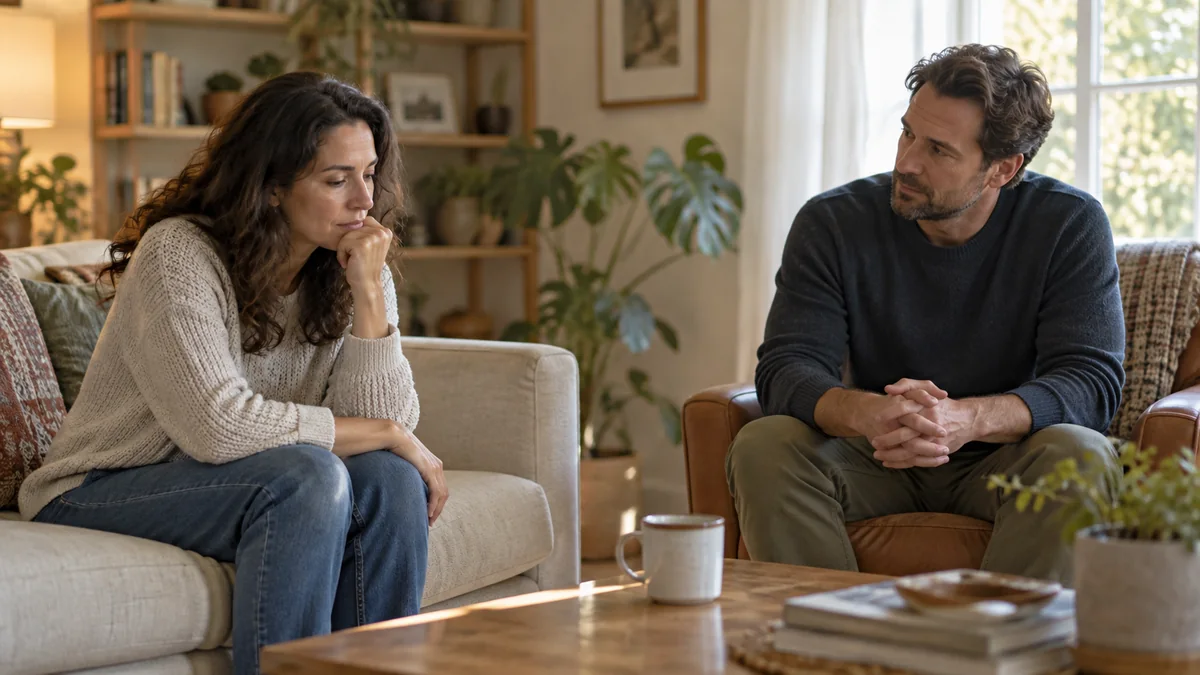 Two fully clothed adults sitting quietly with comfortable space between them in a softly lit living room