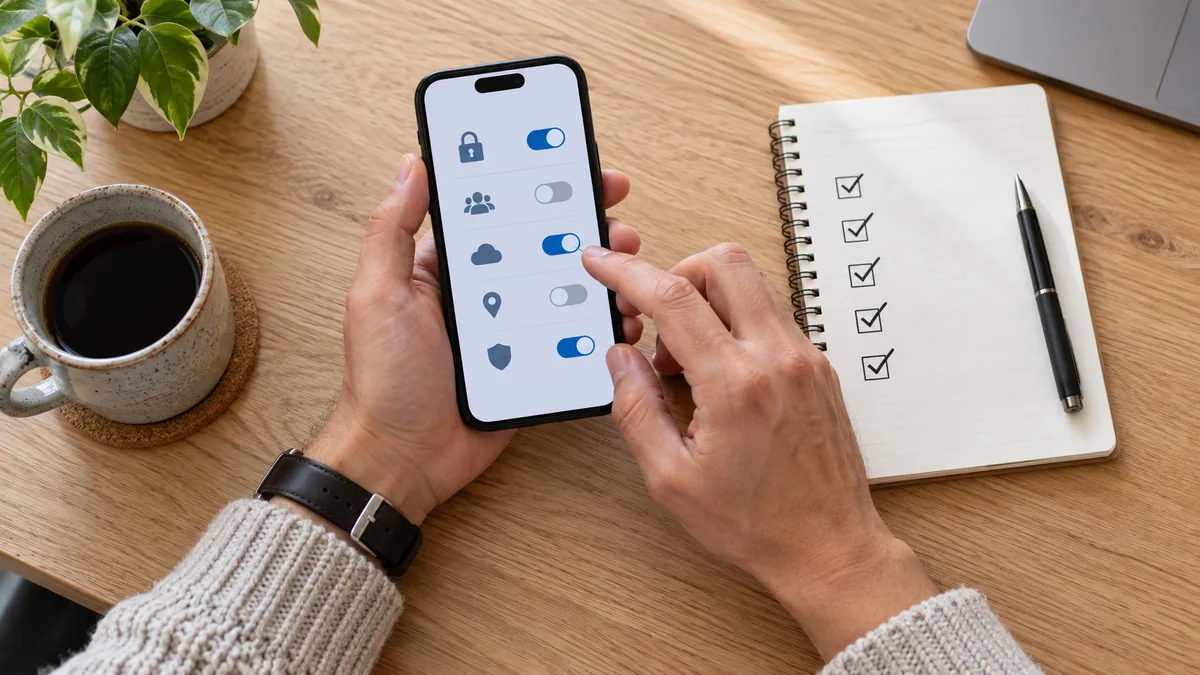 Adult hands reviewing generic security and sharing controls on a phone beside a written checklist