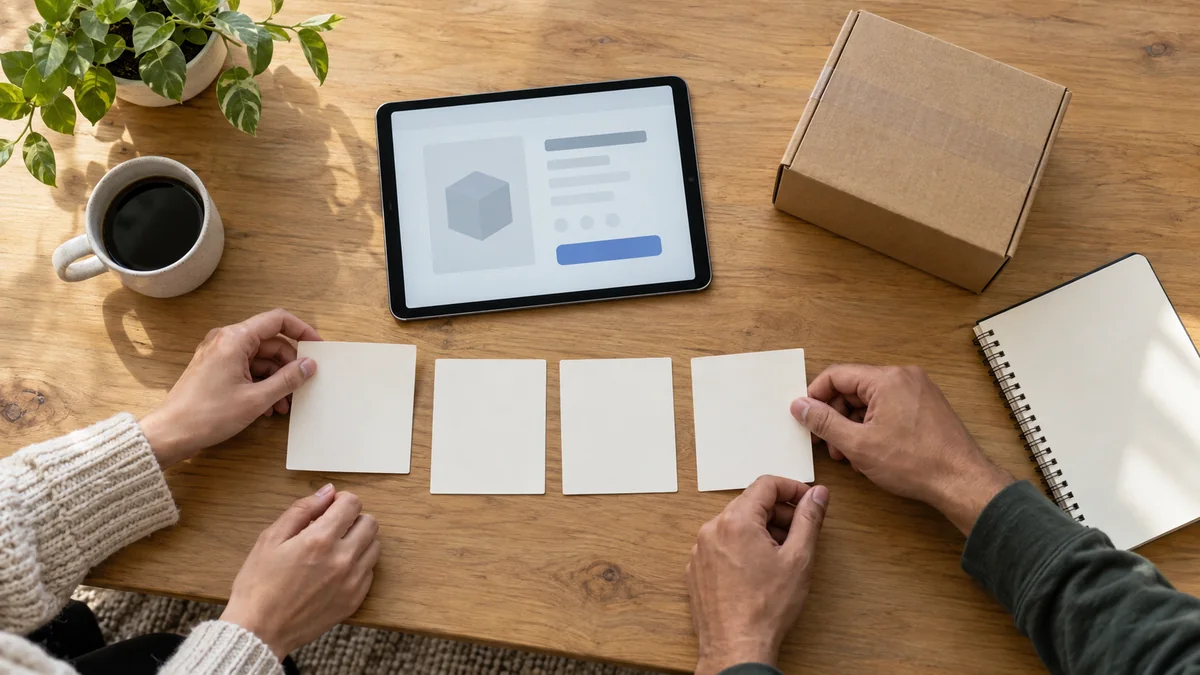 Adult hands reviewing blank planning cards beside a tablet and plain parcel