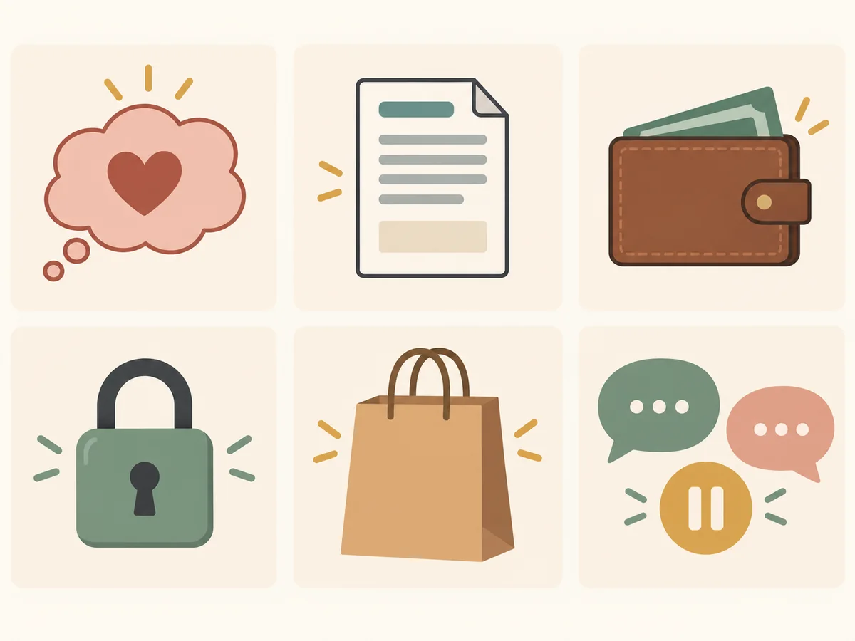 Six distinct panels representing interest, information, budget, privacy, purchase, and consent