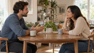 Two fully clothed adult partners talking attentively across a small table in a bright home