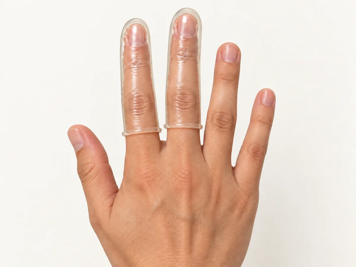 Adult hand with separate transparent finger condoms on the index and middle fingers