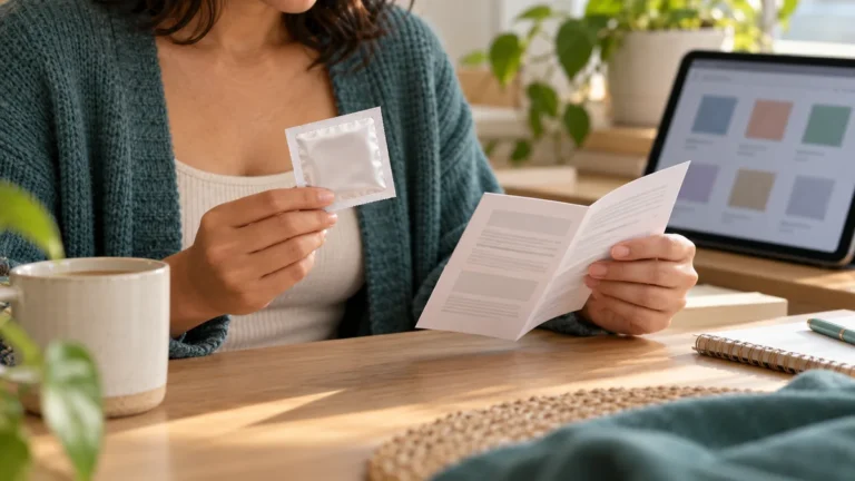 Adult reviewing a blank dental dam packet, instruction leaflet, and blurred online listing at a desk