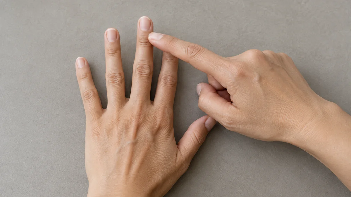Adult pointing to the middle finger they plan to use on a neutral tabletop