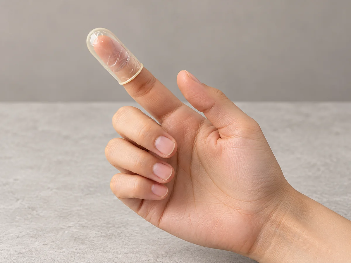 Adult hand wearing one clear finger-shaped barrier on the index finger against a neutral background