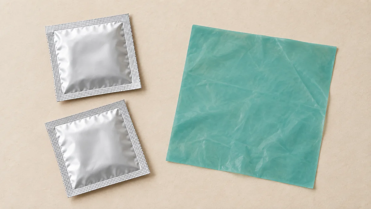 Two blank sealed dental dam packets beside a translucent square sheet on a neutral tabletop