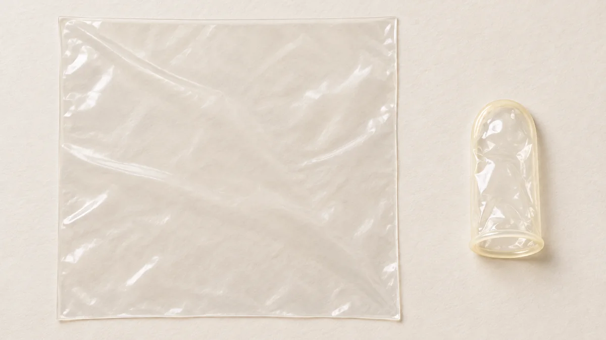 Translucent square dental dam beside a clear finger-shaped barrier on a neutral comparison surface