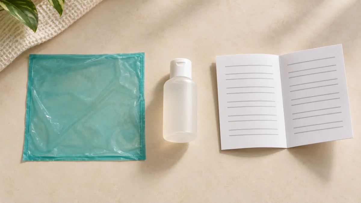 Translucent square barrier, unbranded lubricant bottle, and open instruction leaflet arranged for review
