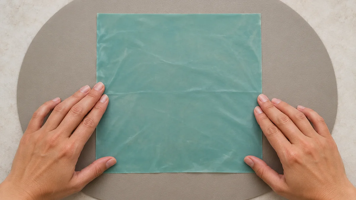 Adult hands placing a teal square barrier sheet flat over a neutral practice surface